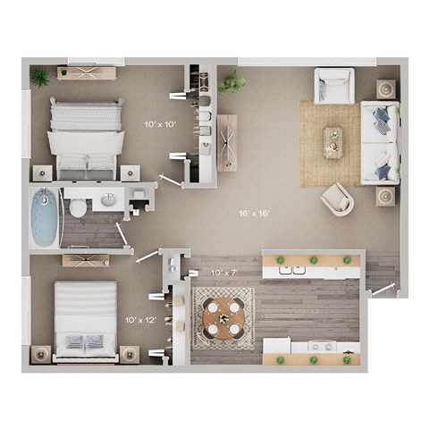 Floor plan for 2 beds, 1 bath, 950 sqft